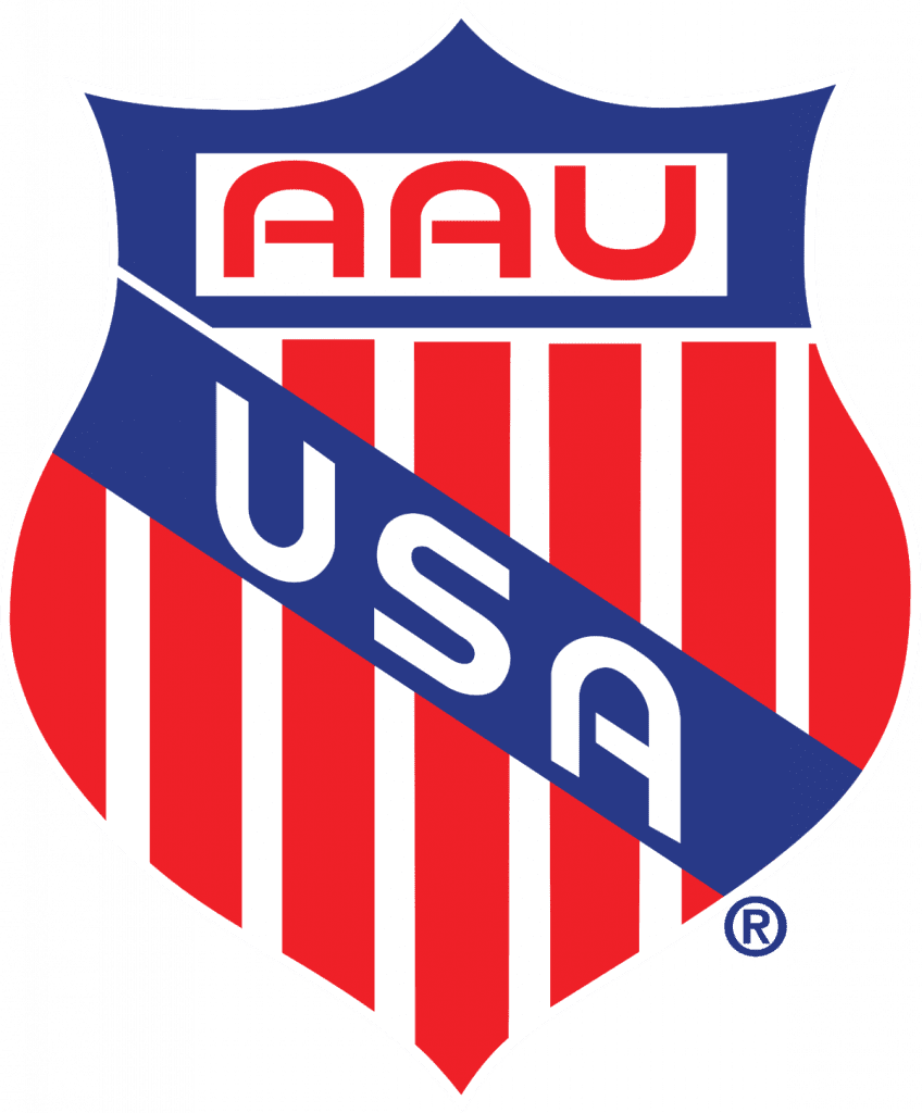 A red white and blue shield with the letters aau in it