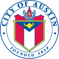 A city of austin seal is shown on a green background.