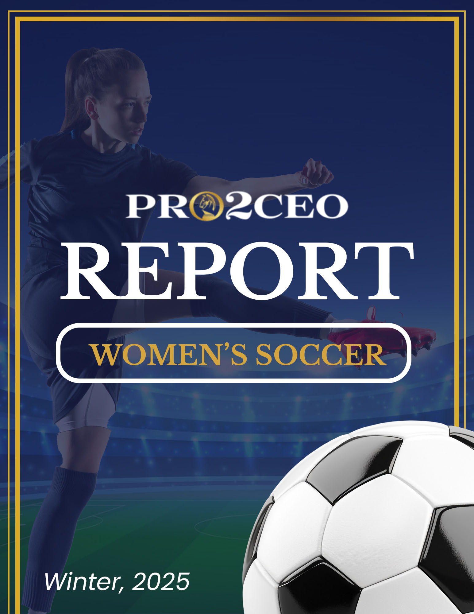 A soccer ball and a woman in the background.